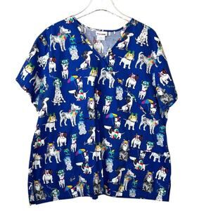 Dogs and Puppies Beach Theme Scrubs V-neck Top in Blue By SCRUBSTAR Women's 3XL